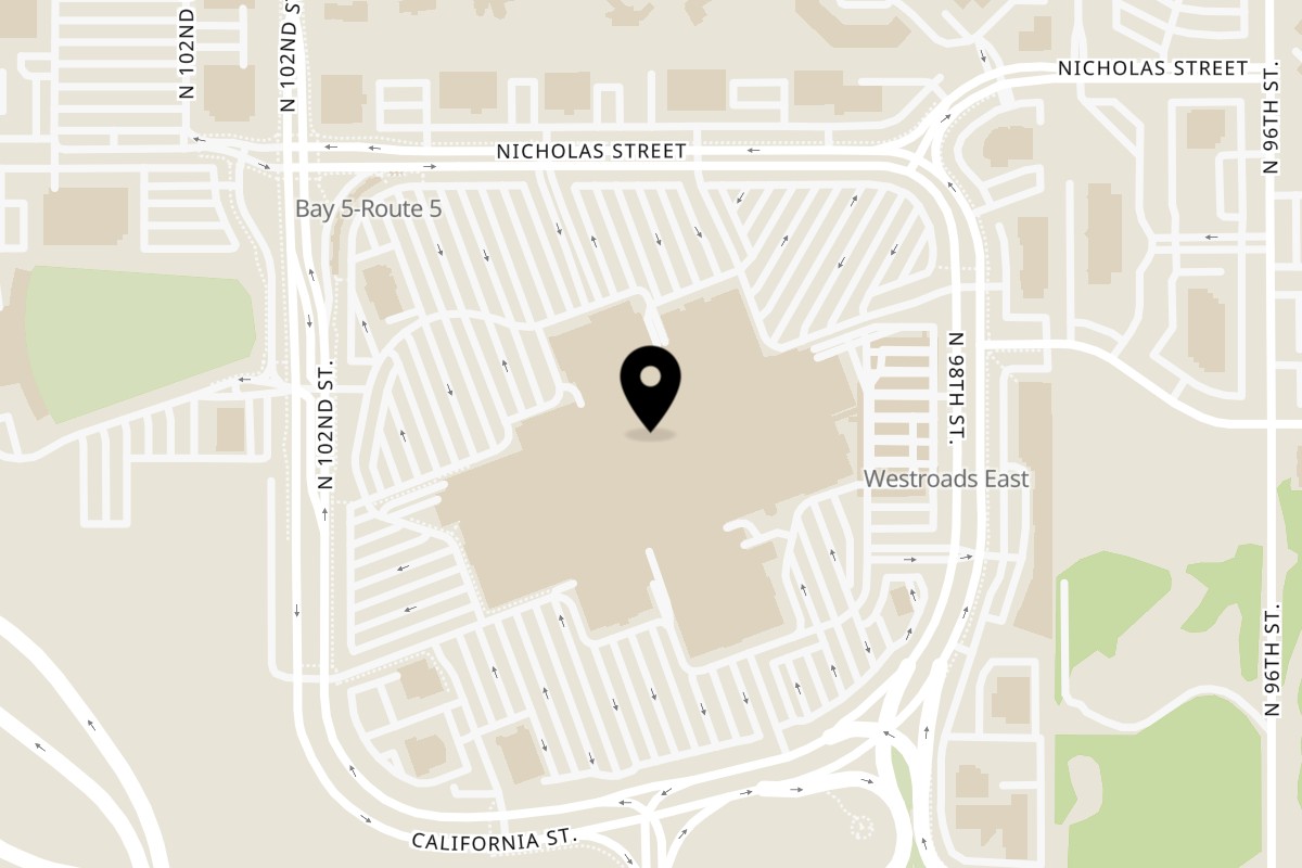 Map showing the location of Bubbly Tea on 10000 California St FC01 in Omaha